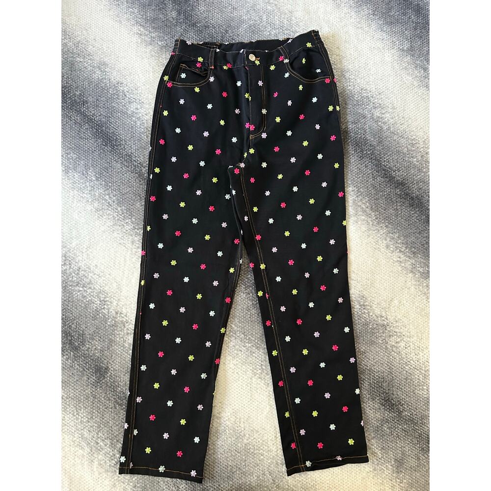 Vintage Diane's Essentials Embroidered Colorful Floral Stretch Cotton Pants 10